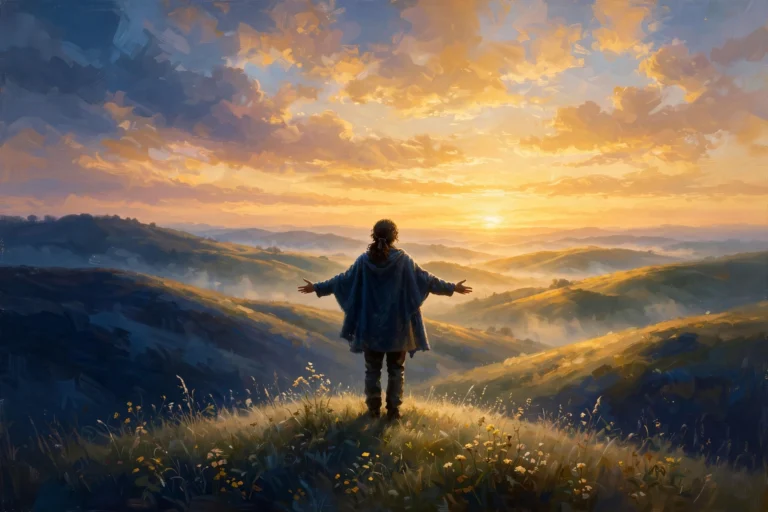 Sunrise over green hills — artwork from the book Unshakable Self-Esteem